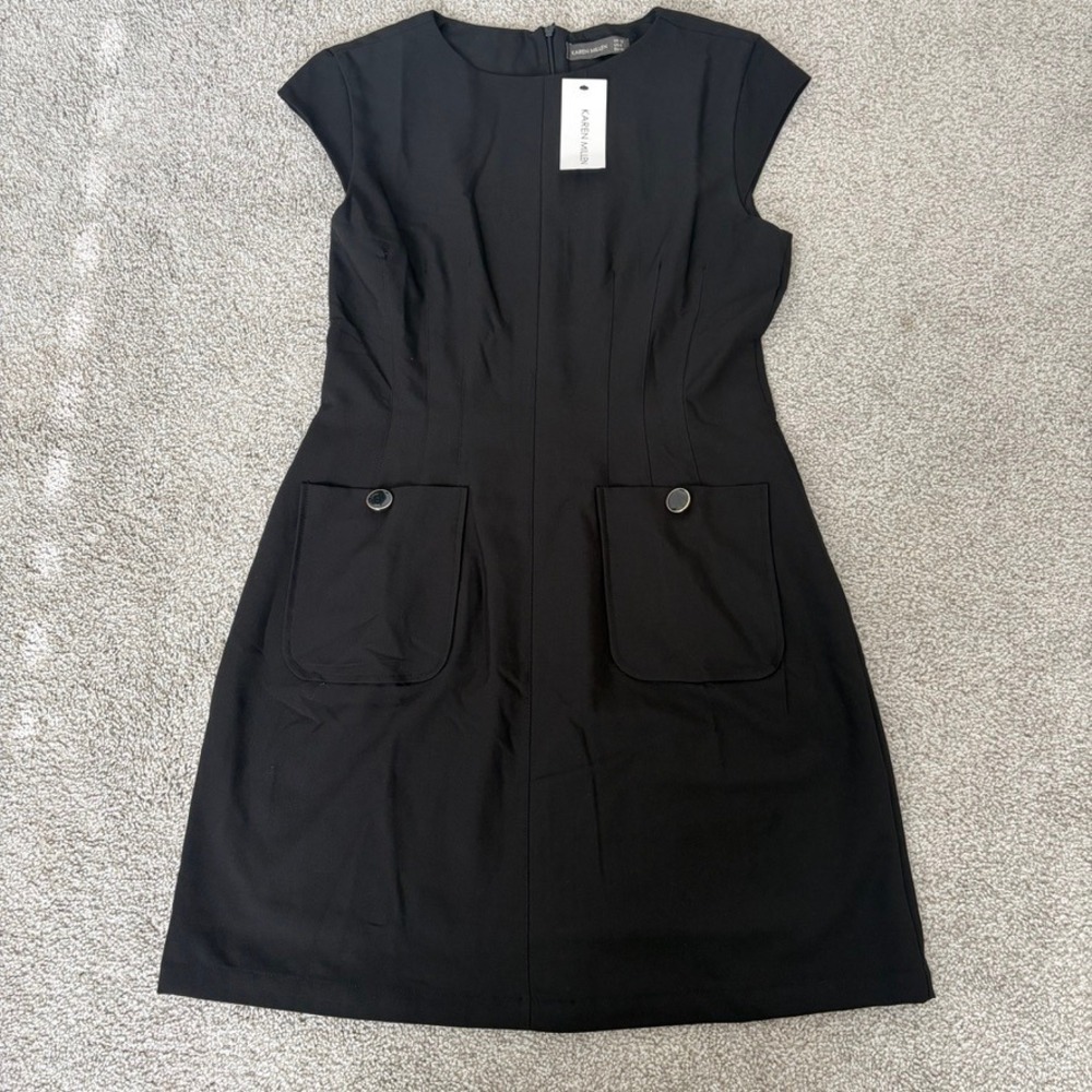 Karen Millen Black Cap Sleeve Sheath Dress Womens 8 Black Pocket Front Business